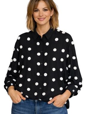 Zara Black White Polka Dot Button Down Blouse M Collared Viscose Top